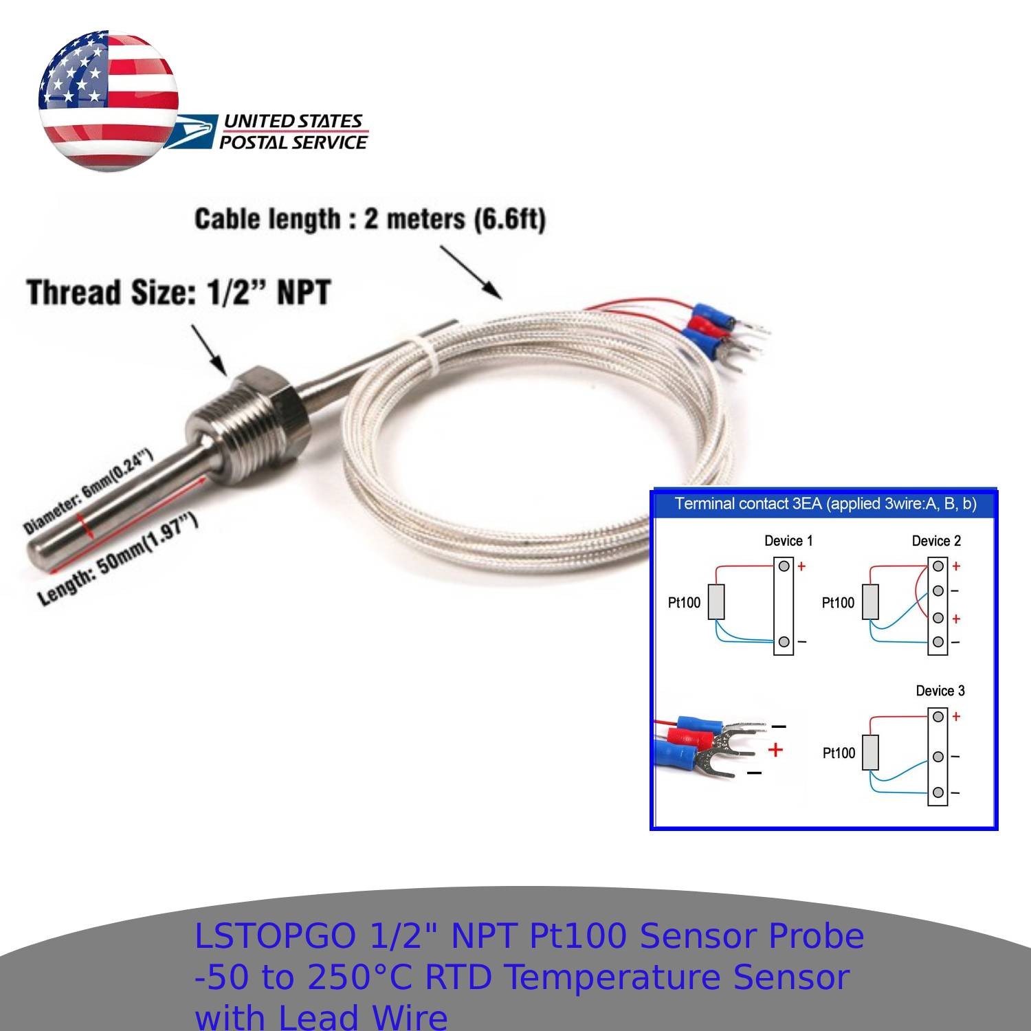 Pt100 RTD Temperature Sensor Probe 1/2" NPT Thread with Wire -50 to 250°C / -58F