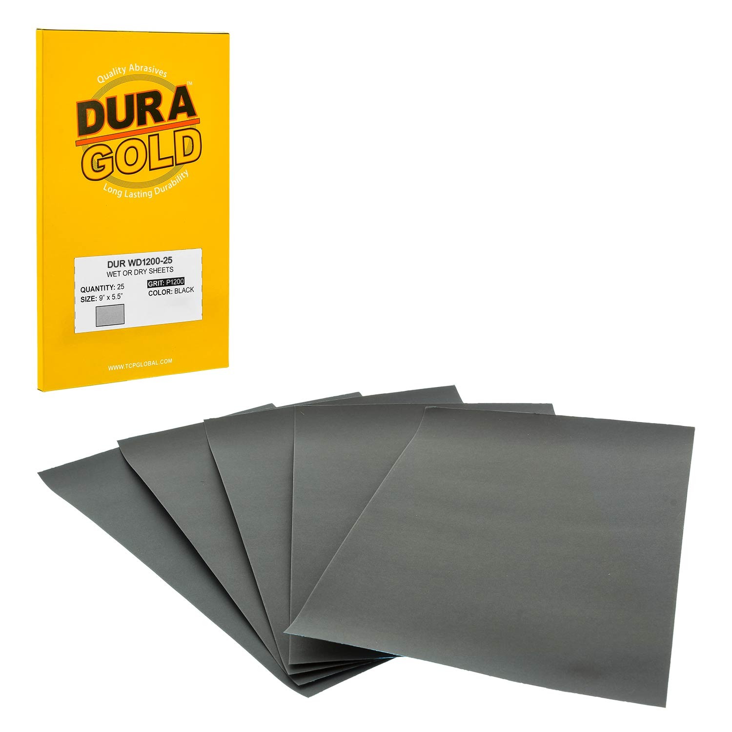 DURA-GOLD  5.5" x 9" Wet Dry Sandpaper, P1200 Grit, 25 Sheets, Single Sleeve