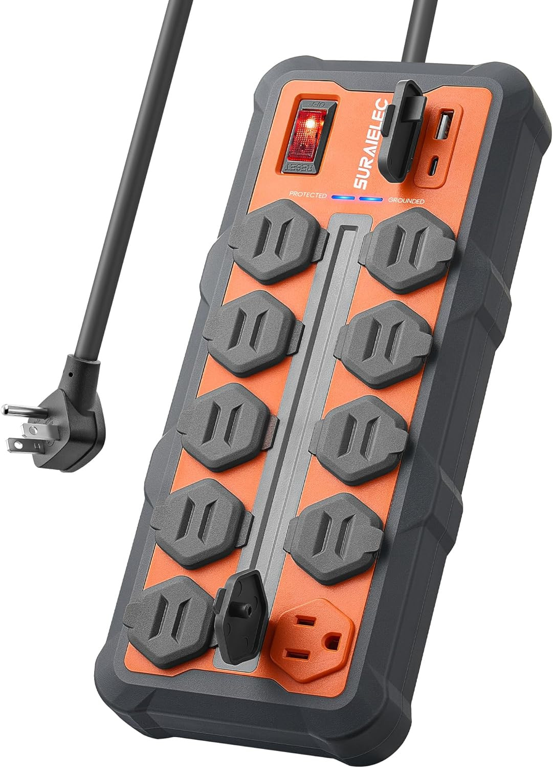 Heavy-Duty Power Strip with USB-A & USB-C, 4500J Surge Protection, Overmolded Ru
