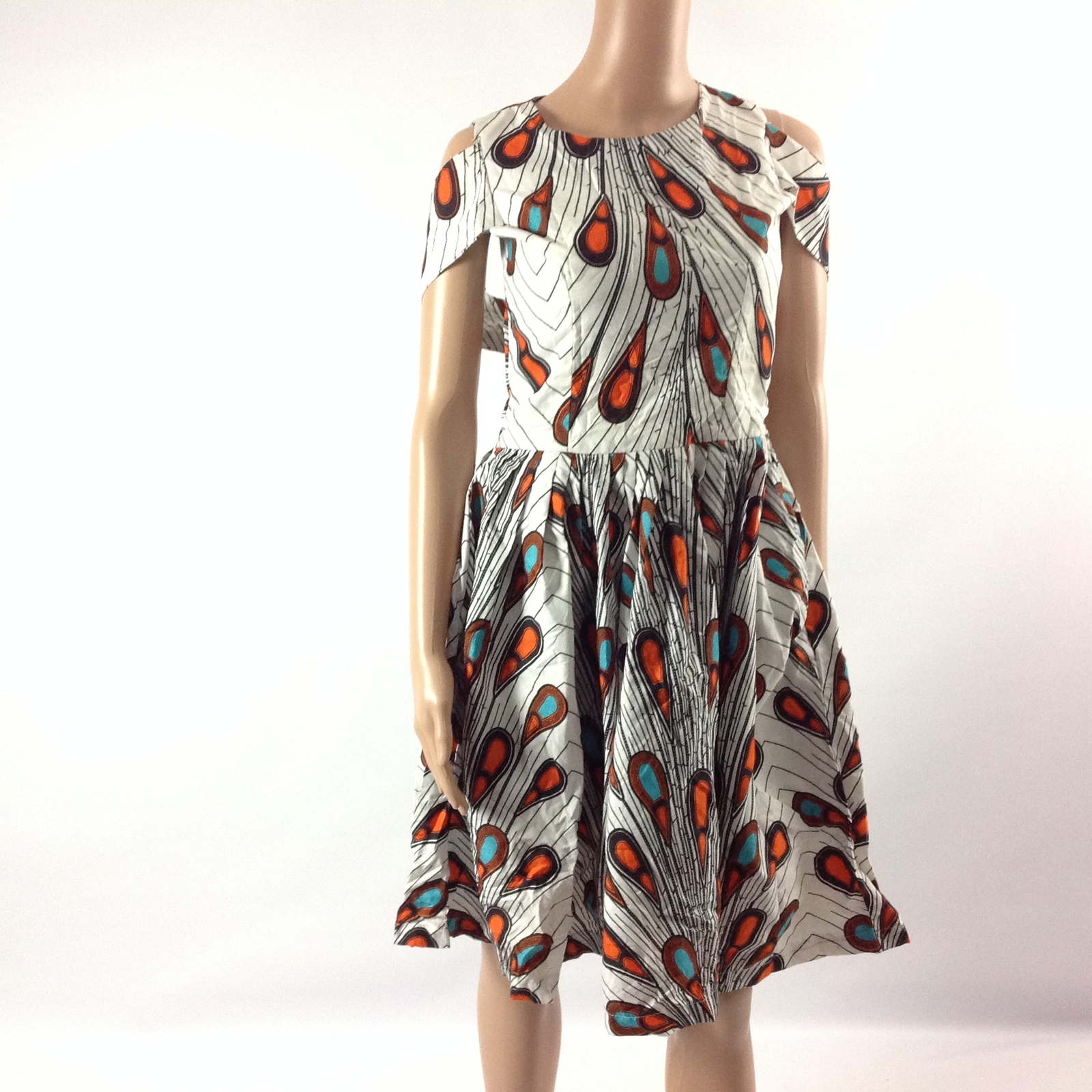 Womens Dress African Print Ankara Pleated High Scoop Neck Cold Shoulder XS