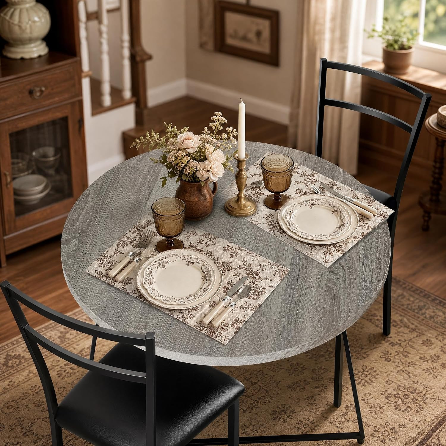 Dining Table Set for 2, Wooden Kitchen Table and Chairs of 2 with Upholstered Ch