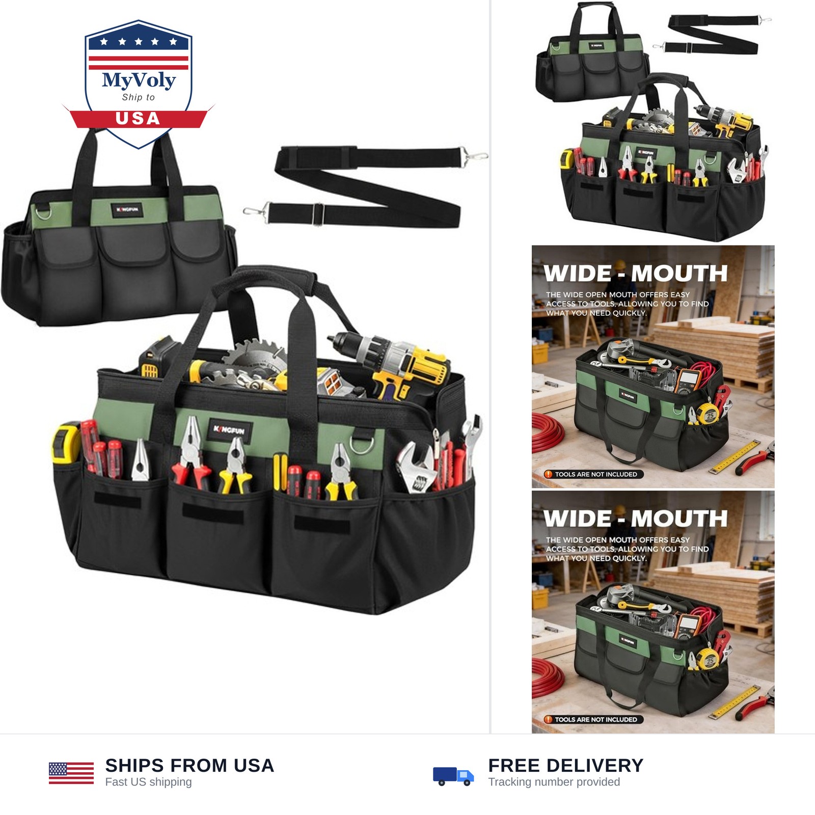 Kingfun 16 Inch Heavy Duty Wide Mouth Tool Bag with 14 Pockets | Adjustable S...