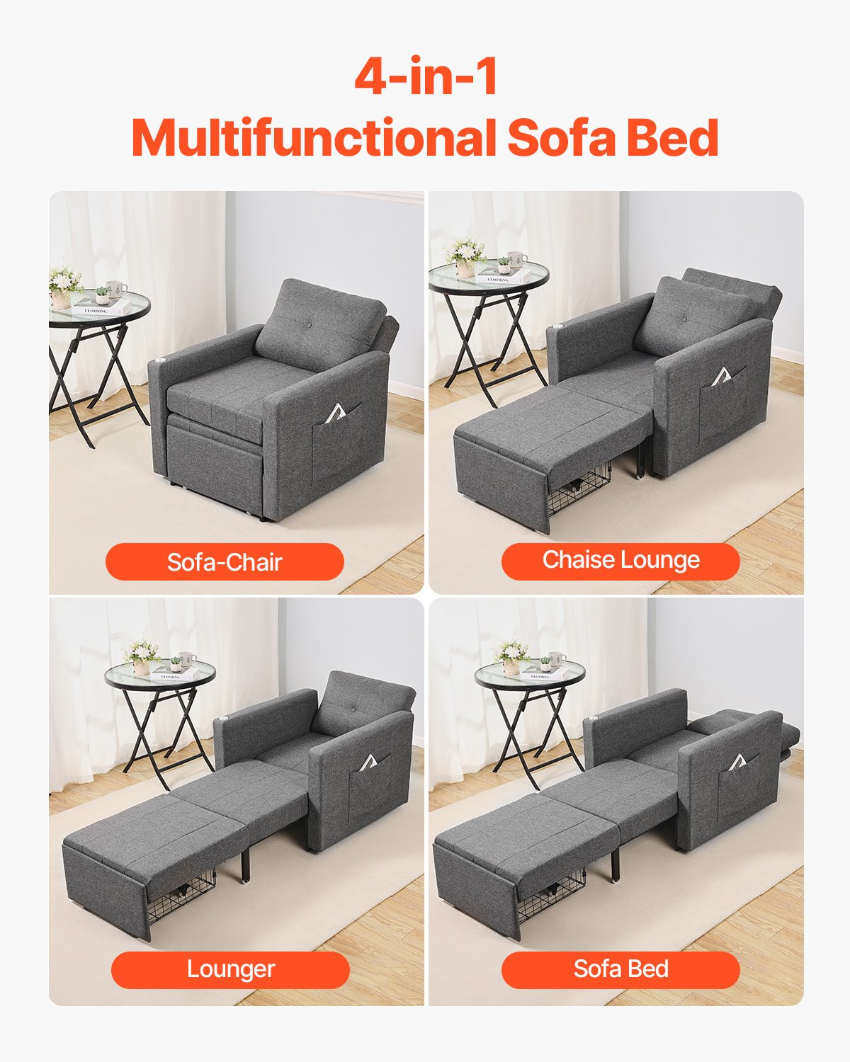 Convertible Sleeper Sofa Bed w/ Storage, Pillow, Desk, Wheels, Gray, 5-Position
