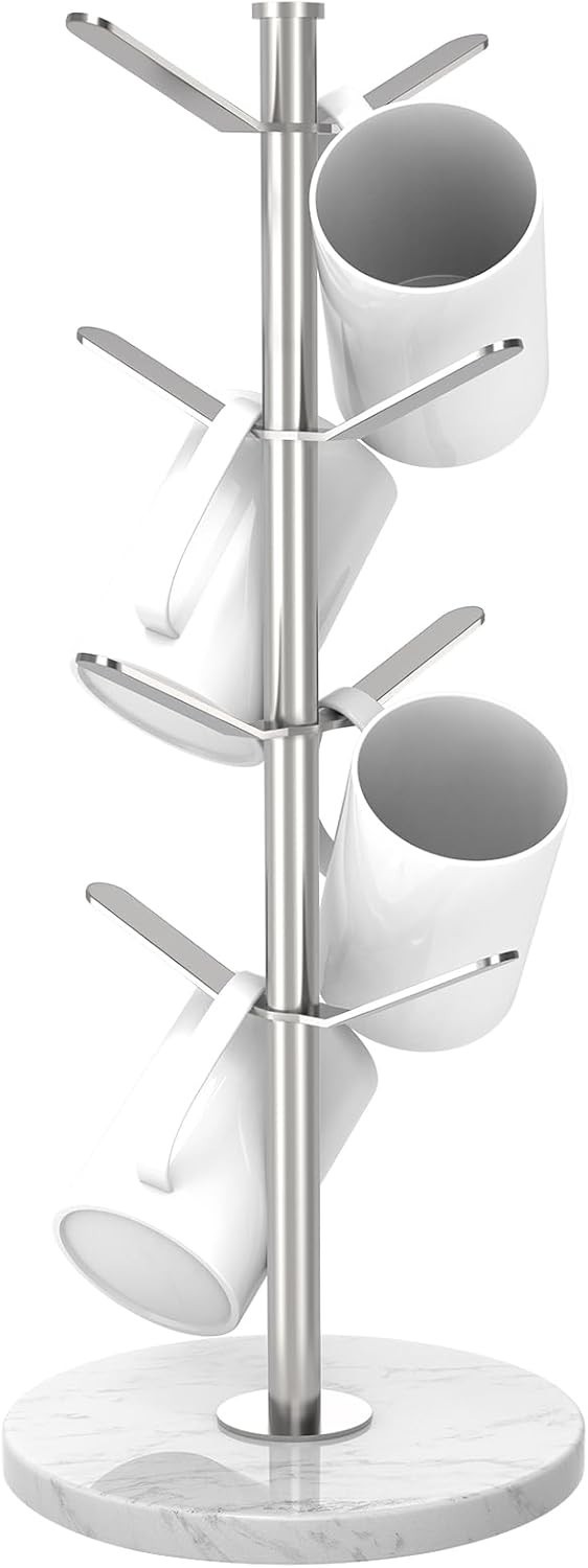 Marble Mug Holder Tree with 8 Hooks, Stainless Steel Coffee Cup Holder, Non-S...