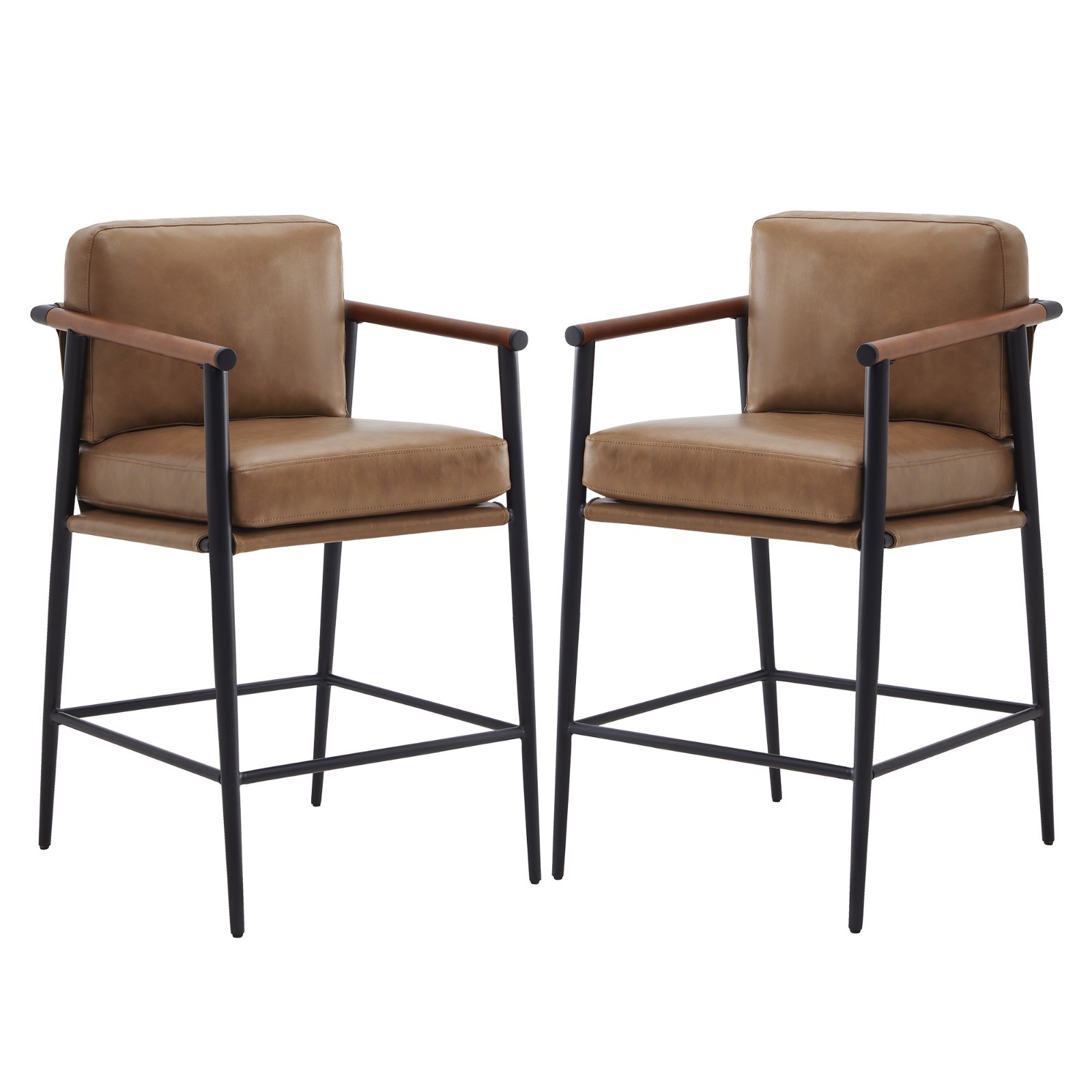 CHITA Mid Century Modern Barstools Set of 2, 26"Stools w/Wood Armrests&Metal leg