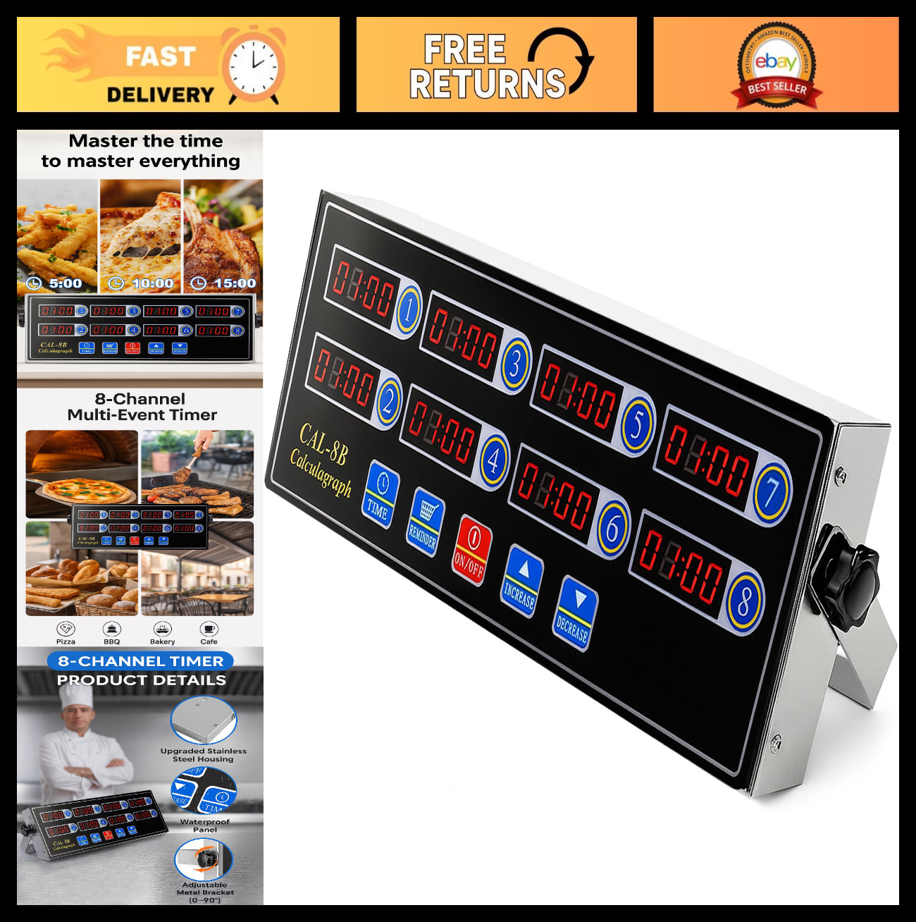 8-Channel Digital Kitchen Timer, Stainless Steel Countdown Timer with Loud Alarm