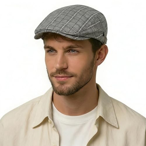 Men Cotton Flat Cap Summer Scally Ivy Gatsby Newsboy Beret One Size Plaid Gray