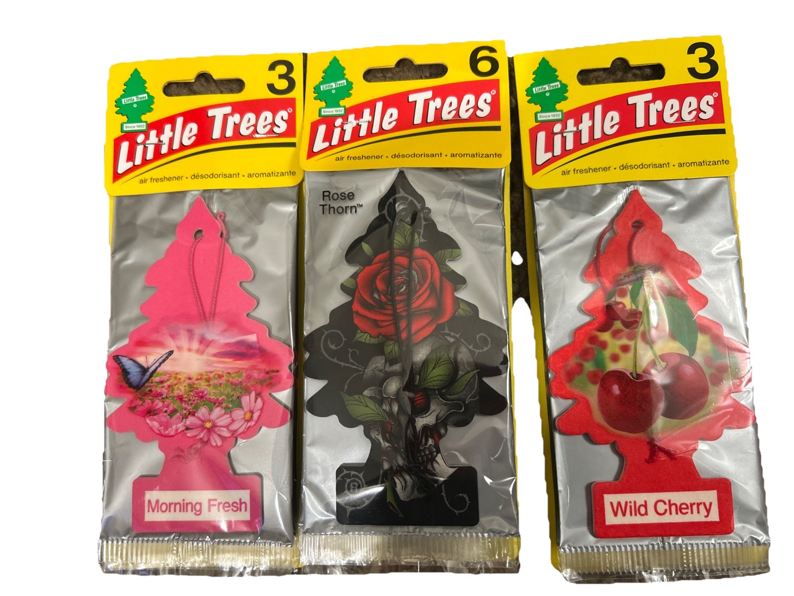 Little Trees Air Fresheners Lot Of 3 Morning Fresh, Rose Thorn & Wild Cherry
