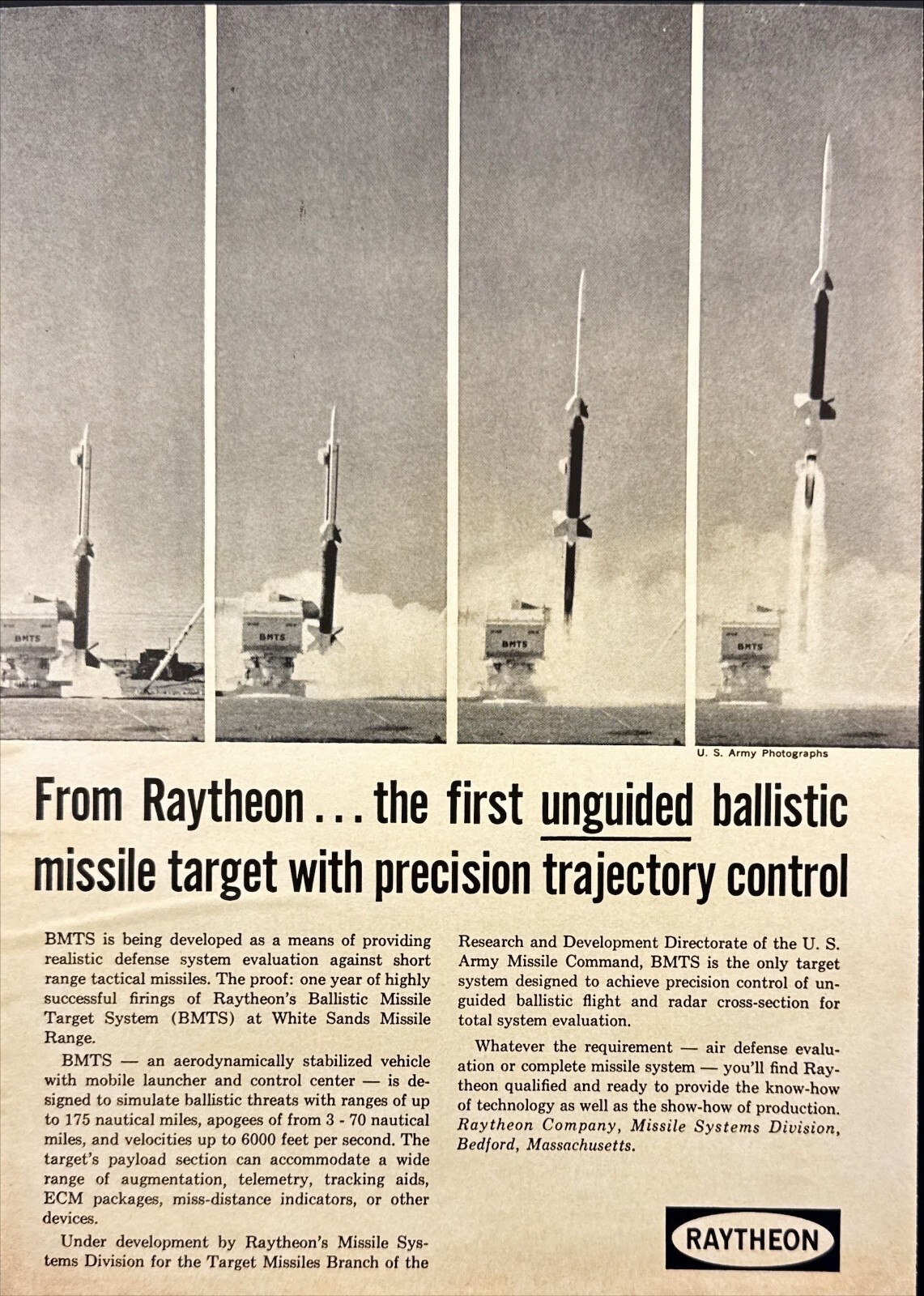 Raytheon Unguided Ballistic Missile Target Bedford MA Vintage Print Ad 1966