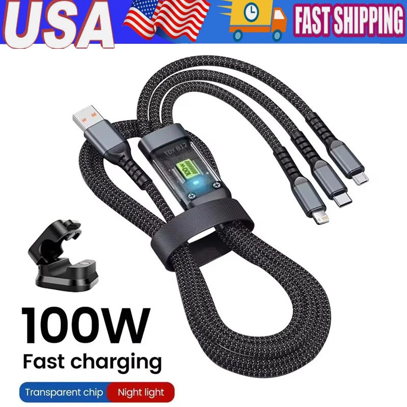 Fast Charging Cable 3in1 Cell Phone Charger Cord For iPhone Micro USB Type C