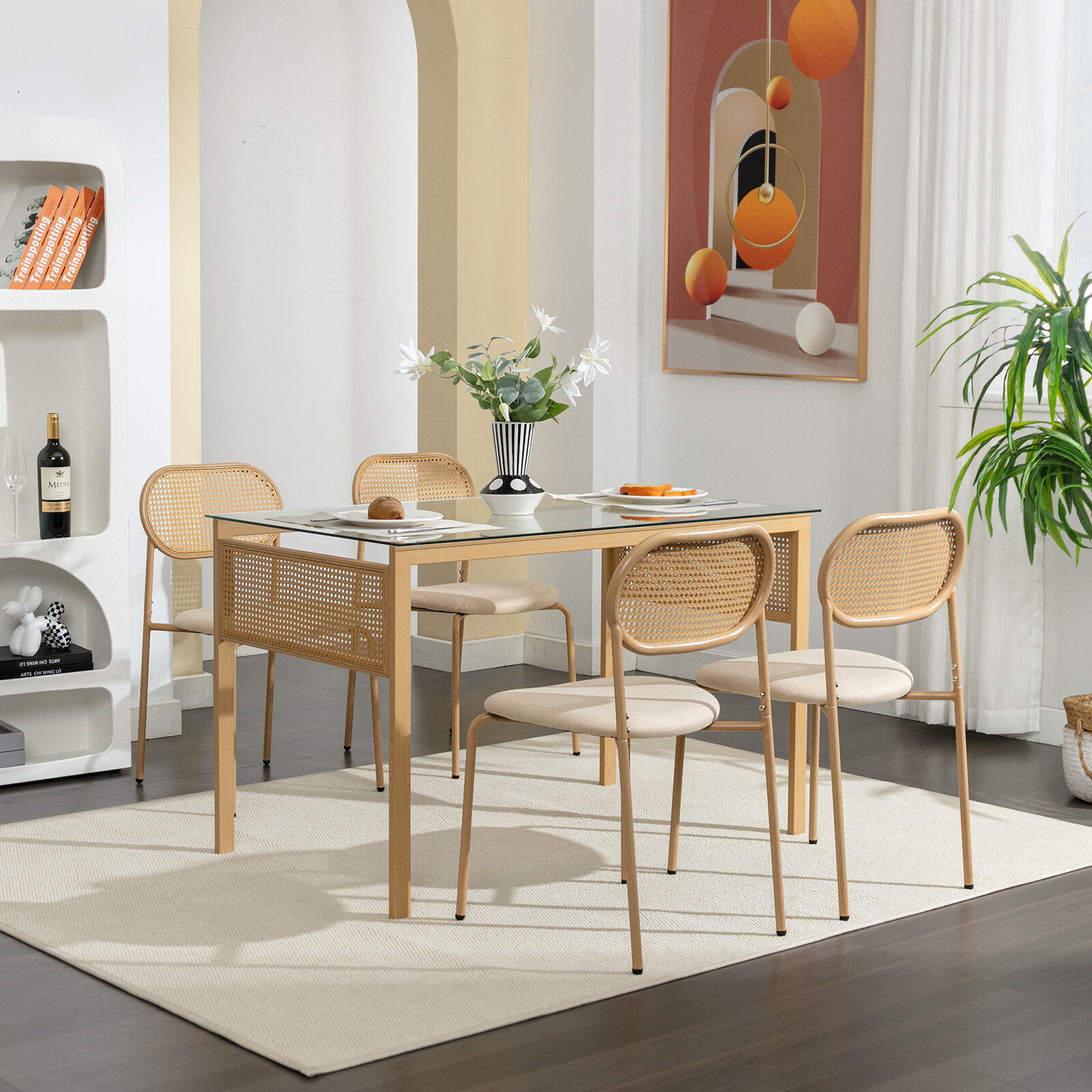 Boho Set of 4 Dining Chairs Upholstered w/Rattan Back,Metal Leg Kitchen Living