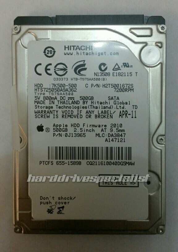 Hitachi HTS725050A9A362 500GB SATA 7200RPM P/N:0J13965 MLC:DA3847 F/W:2010