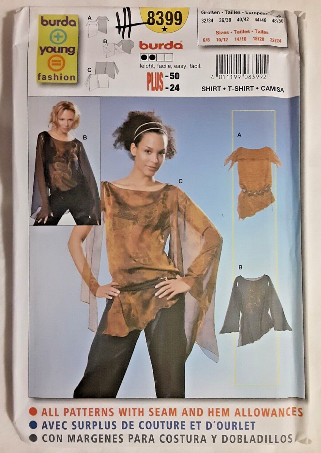Burda Pattern 8399 Misses' Shirt T-Shirt Camisa Sewing Craft Project (H)