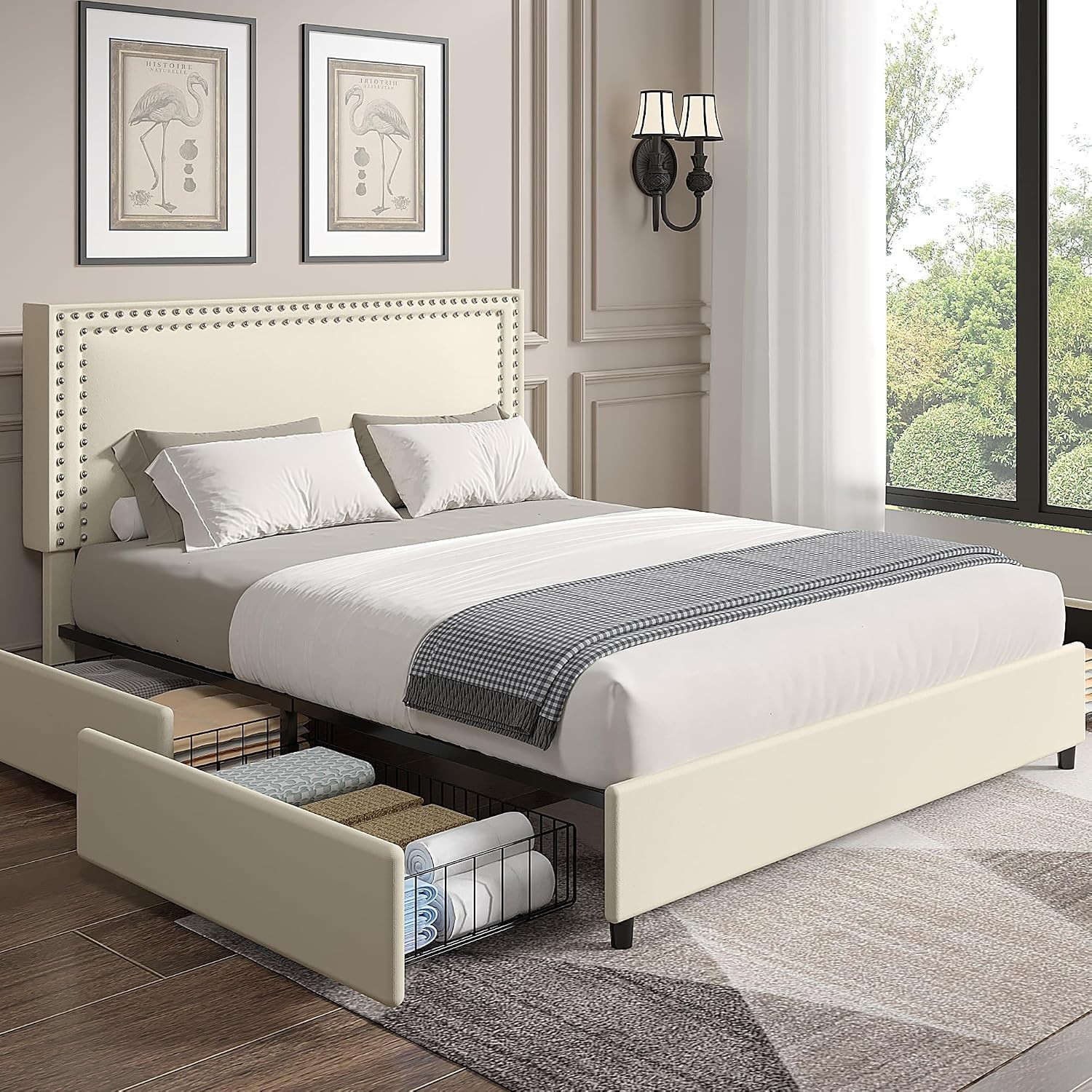 Full Size Upholstered Bed Frame with 4 Storage Drawers, Adjustable Velvet Rivet