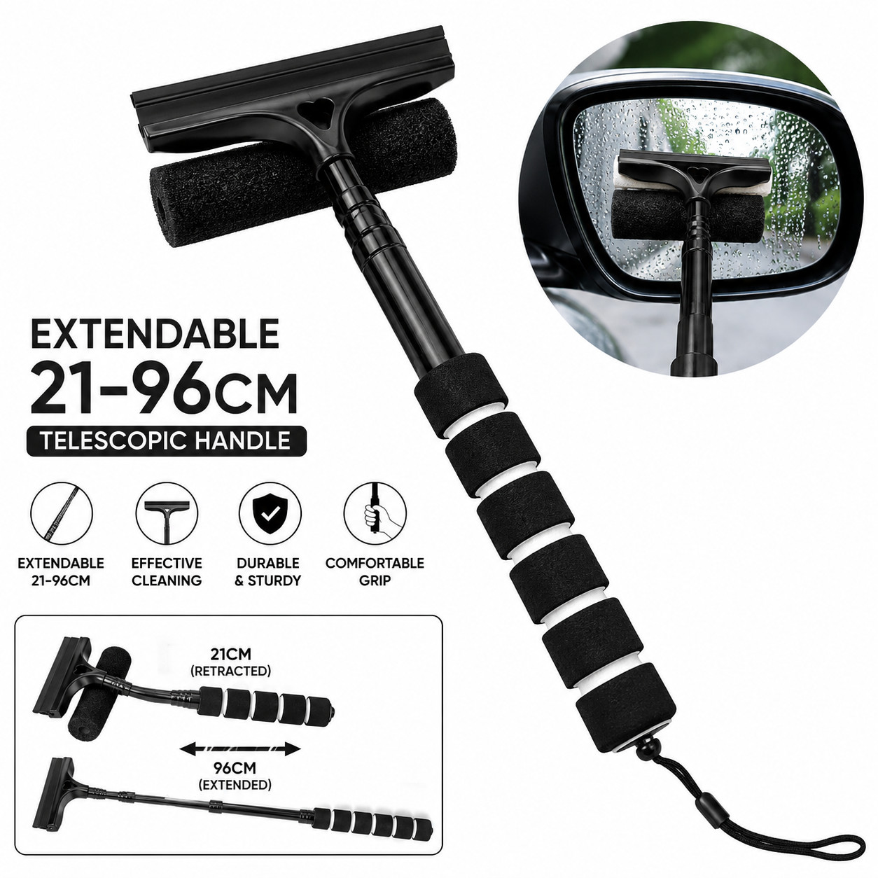 Extendable Car Rear View Mirror Wiper Auto Glass Cleaner Telescopic Cleaning Mop