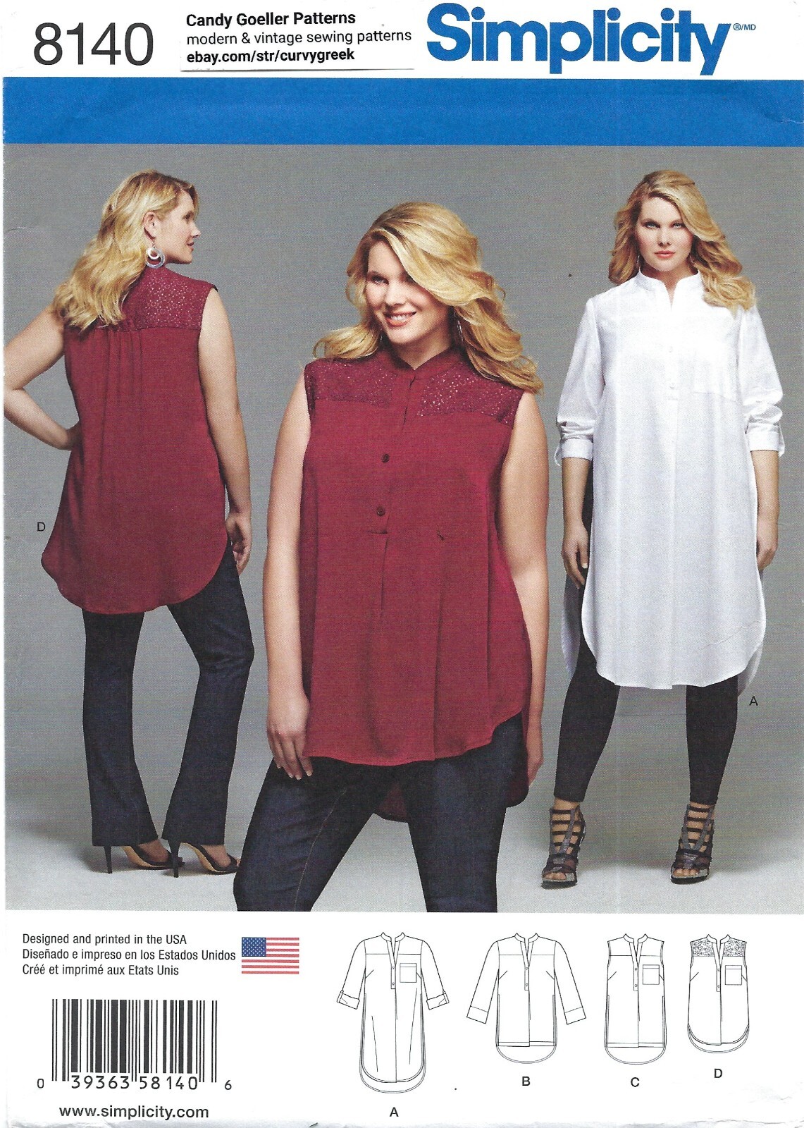 Simplicity 8140 Knee & Tunic Length Shirt w Shirttail or Hi-Low Hem PLUS 26W-32W