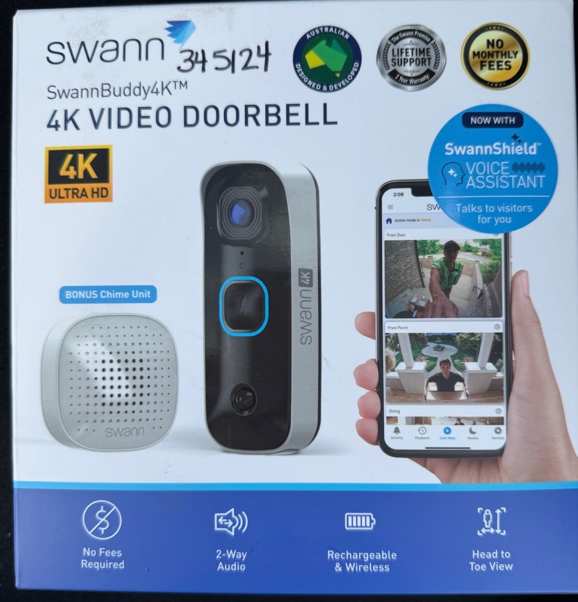 Swann - Buddy 4K UHD Wireless Video Doorbell & Chime, New, Sealed!