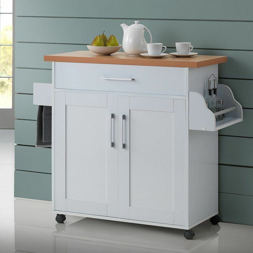 White Wooden Kitchen Trolley Cart Rolling Storage Utility Cabinet Natural Top