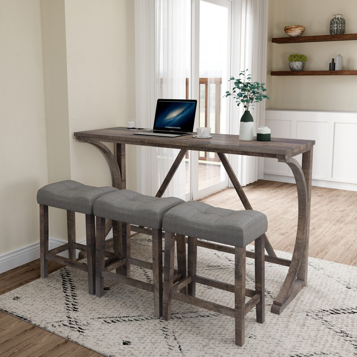 Modern 4 Piece Bar Table Set w/ 3 Saddle Bar Stools & USB Port for Small Spaces