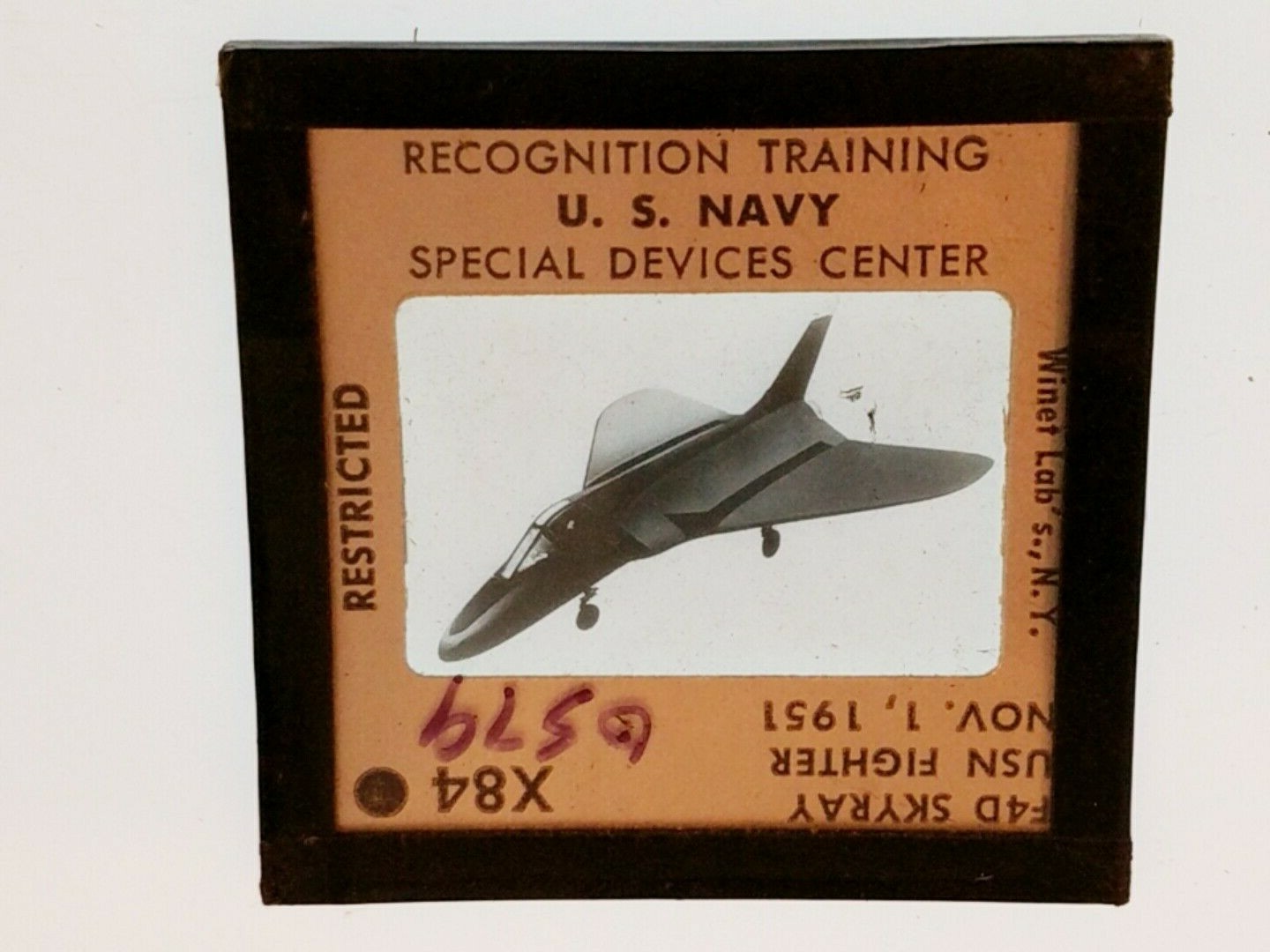 0579 PHOTO GLASS SLIDE PLANE/SHIP Military F4D SKYRAY USN FIGHTER 1951 X84