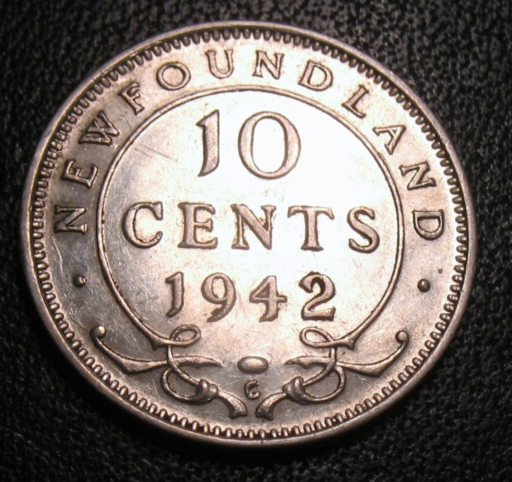 1942 C BU UNC NEWFOUNDLAND CANADA  TEN CENTS SILVER 5 c COIN
