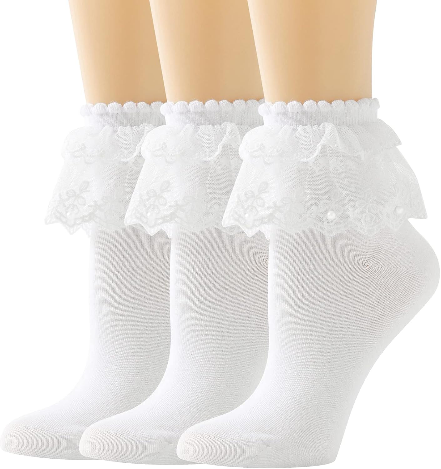 Lace Ruffle Frilly Ankle Socks Women Pearl Trim Cute Cotton Low Cut Socks