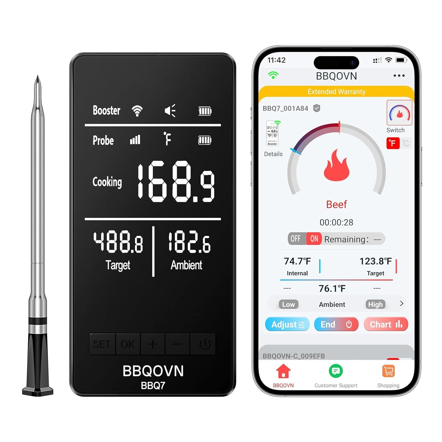 Smart Wifi Wireless Meat Thermometer, Sub-1G 656FT Range, 7-Sensor Probe, Standa