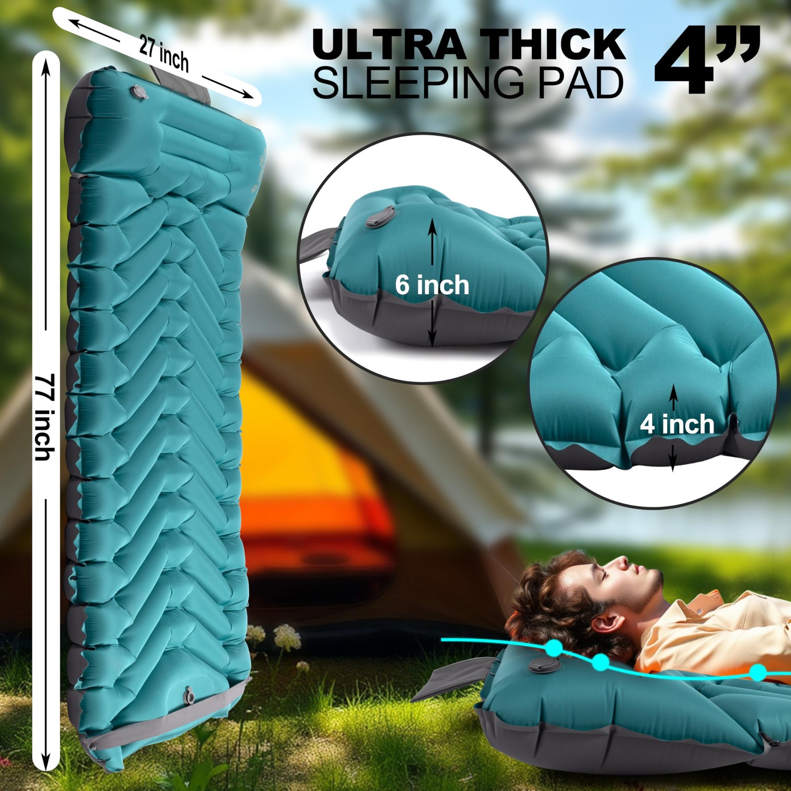 Sleeping Pad with Pillow, Self Inflating Extra-Thick, Ultralight Sleeping Mat...
