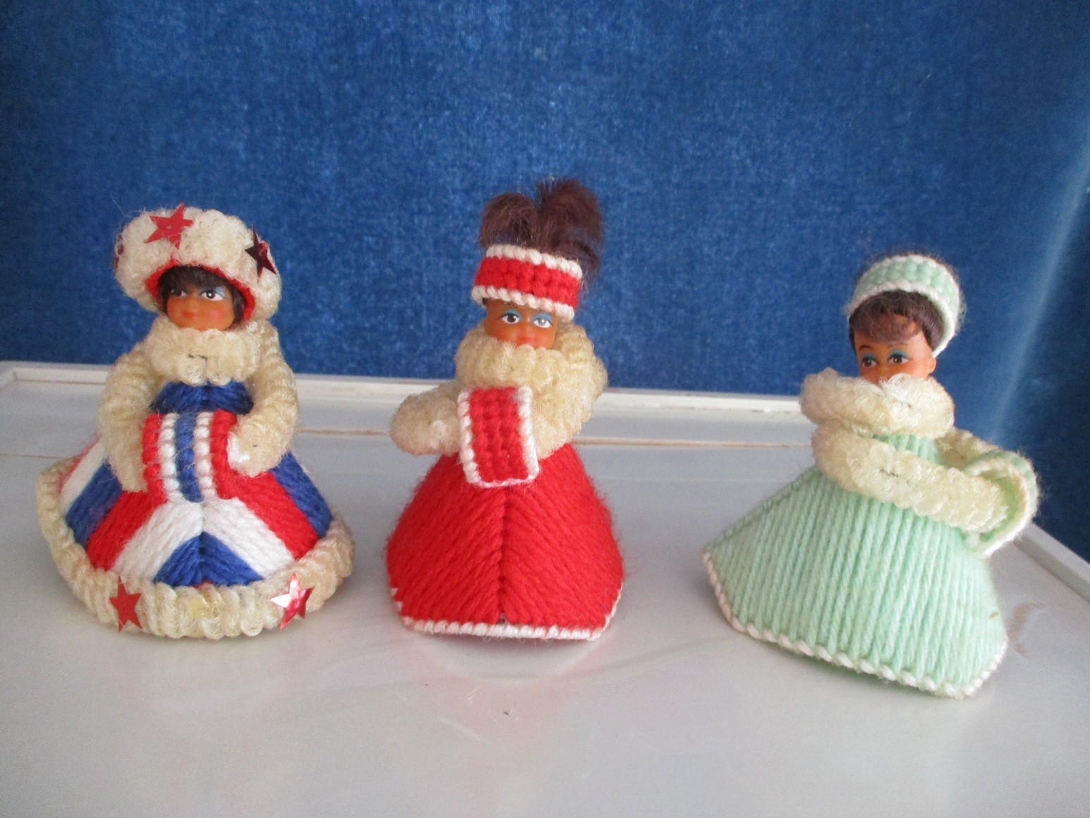 Vintage 1970s Plastic Canvas Dolls 3 Total Dresses and Hand Muffs
