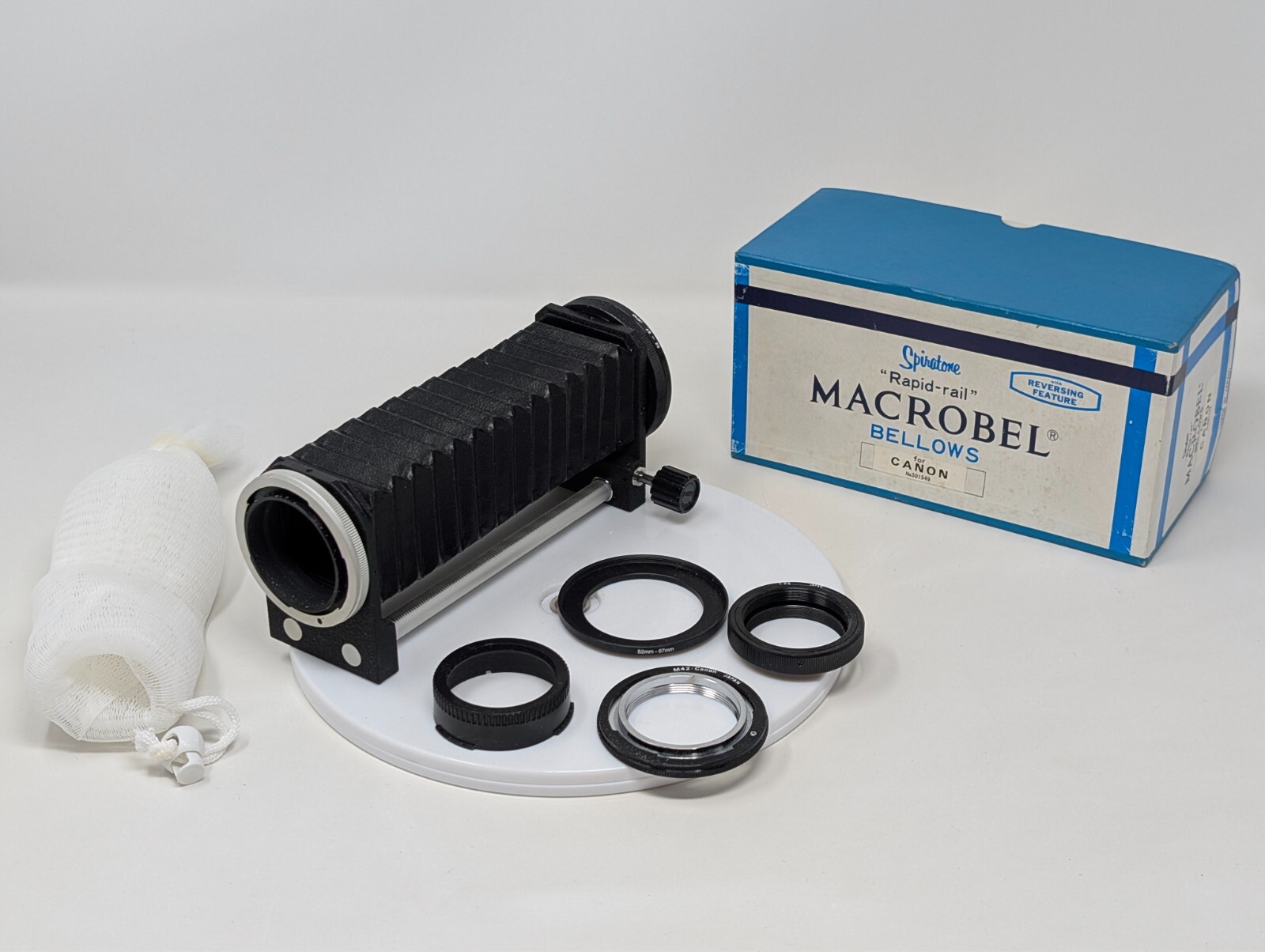 Spiratone Rapid Rail Macrobel Bellows for Canon 7 inch Long w/Box & Accessories