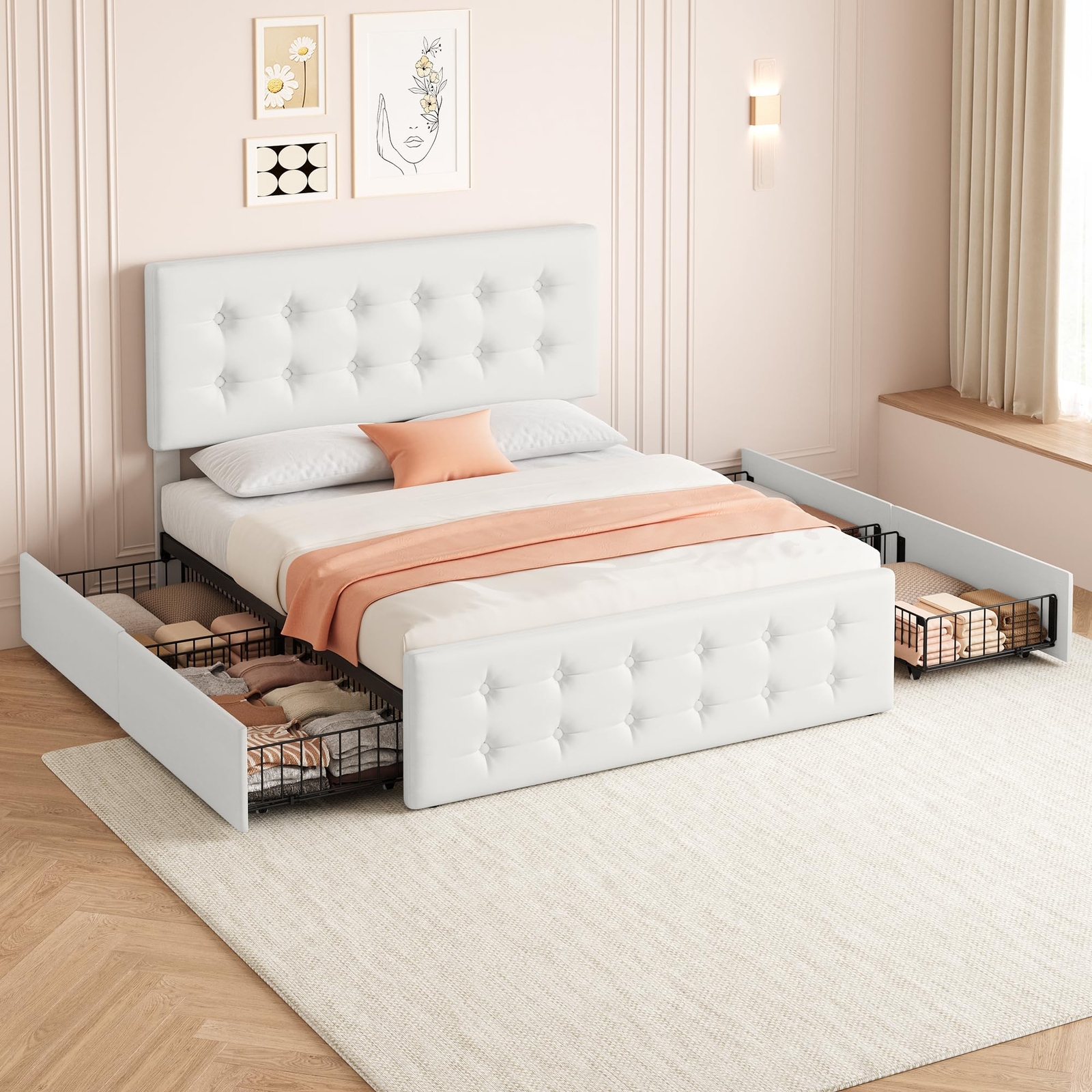 Full Size Bed Frame Linen Upholstered Platform Bed Frame with 4 Storage Drawers