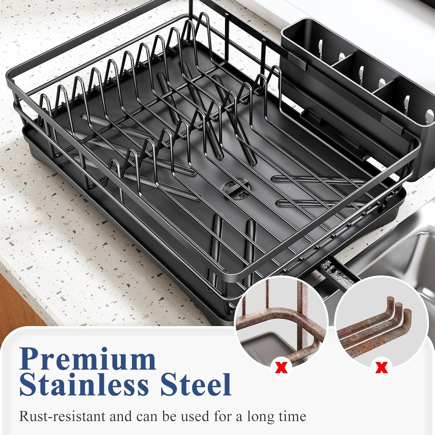 Large Dish Rack with Drainboard, Rustproof Dish Drainer , Black