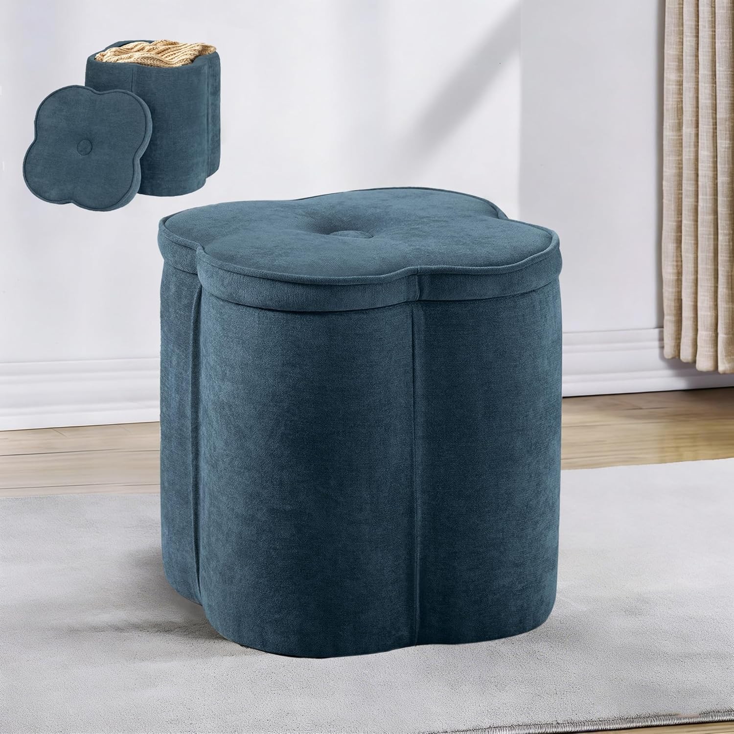 Small Pink Storage Ottoman Flower Shape Chenille Ottoman Pouf