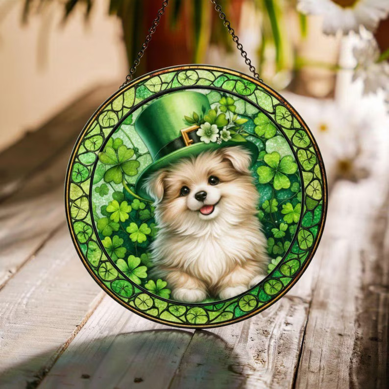 St Patrick's Day Dog Stained Glass Suncatcher Window Decor Irish Gift