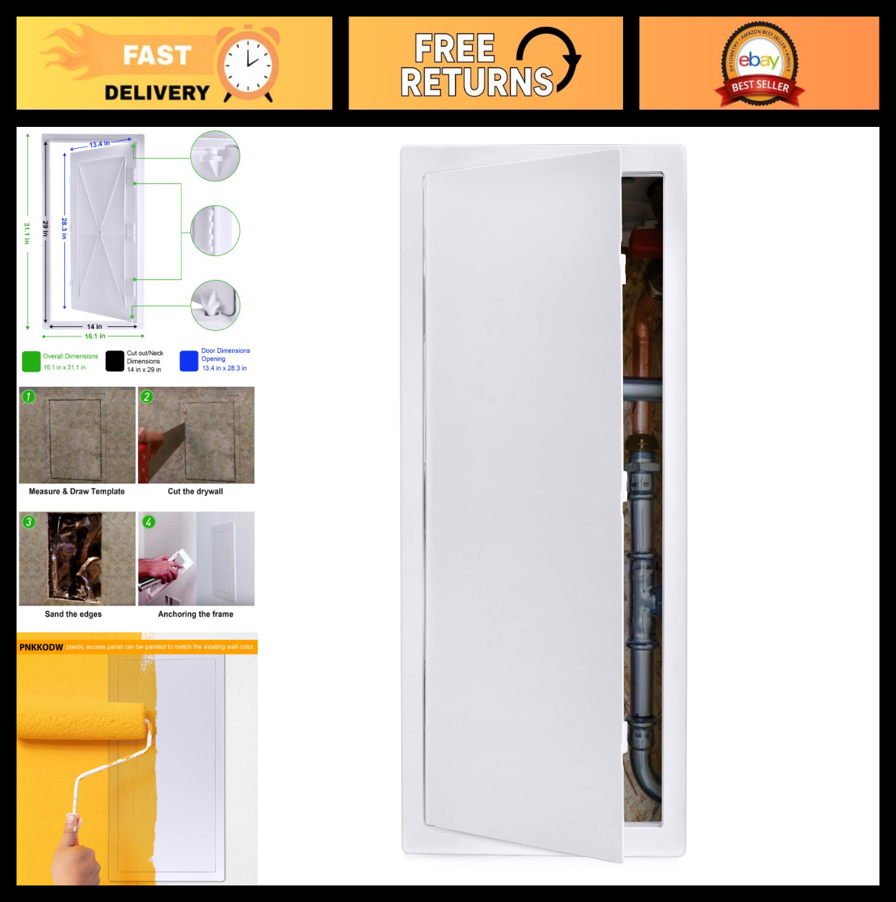 Durable 14x29 Inch Plastic Plumbing Access Panel for Drywall - Removable Ceiling
