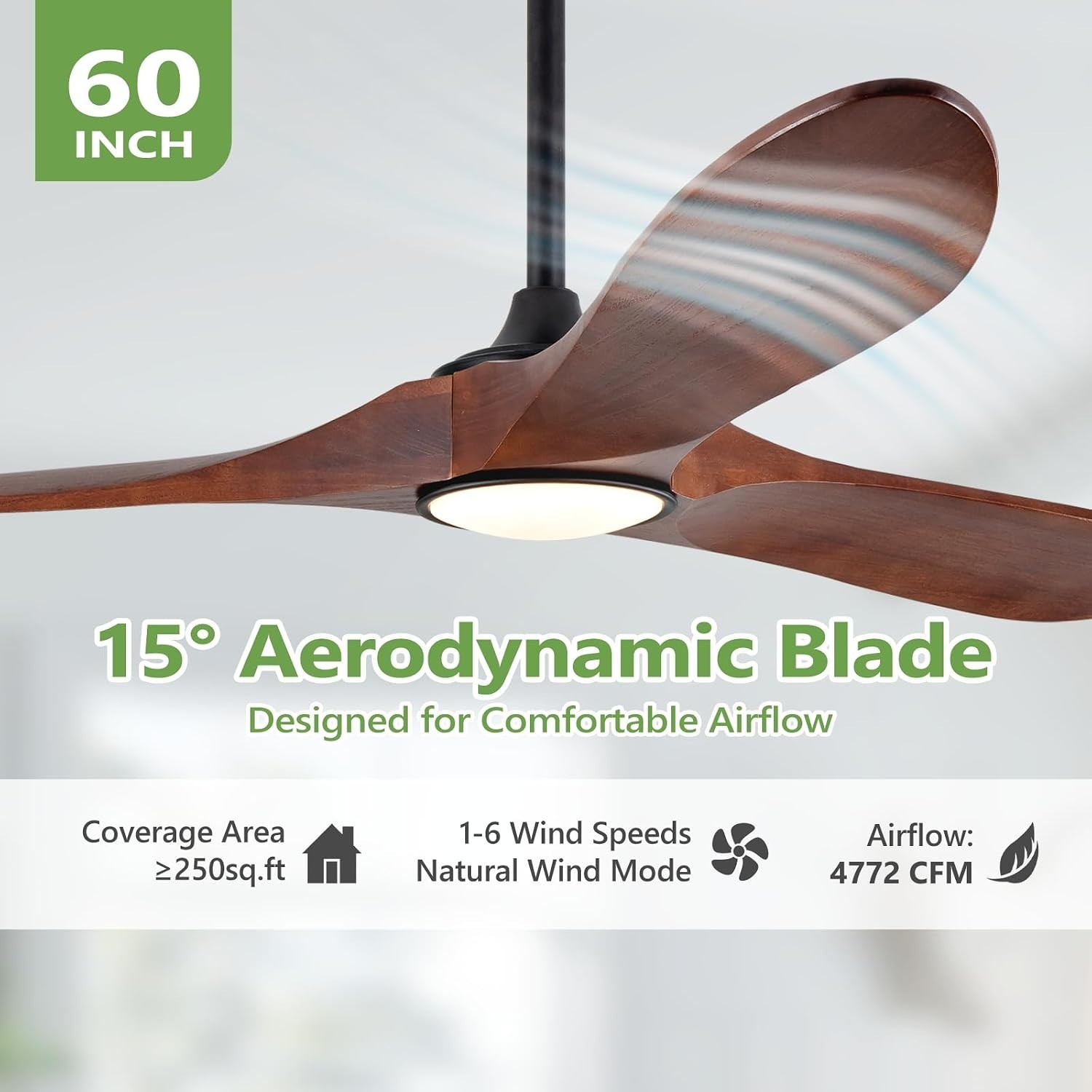 60" Solid Wood Low Profile Ceiling Fan with Lights Remote Control 6 Speeds Quiet