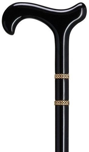 NEW GERMAN BLACK BIJOUX SLIM WOOD DERBY HANDLE WALKING CANE With 2 BRASS RINGS