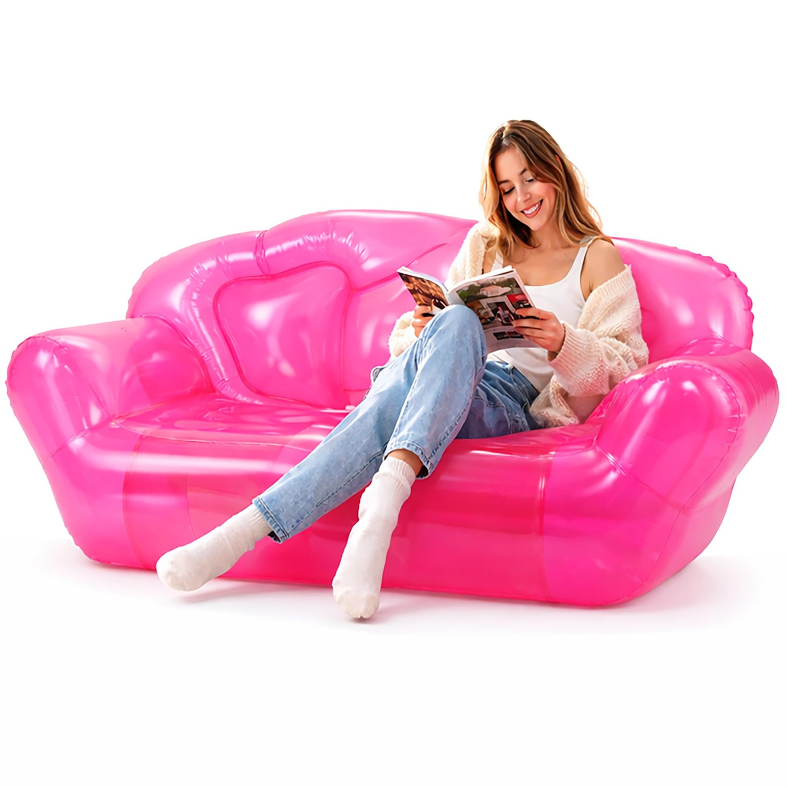 70" Pink Transparent Inflatable Couch Loveseat, Blow Up Air Sofa Chair for In...