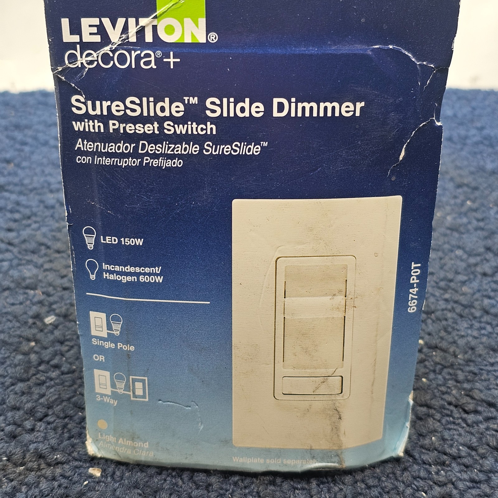 Leviton 6674-P0T Decora+ SureSlide Slide Dimmer With Preset Switch, Single-Pole