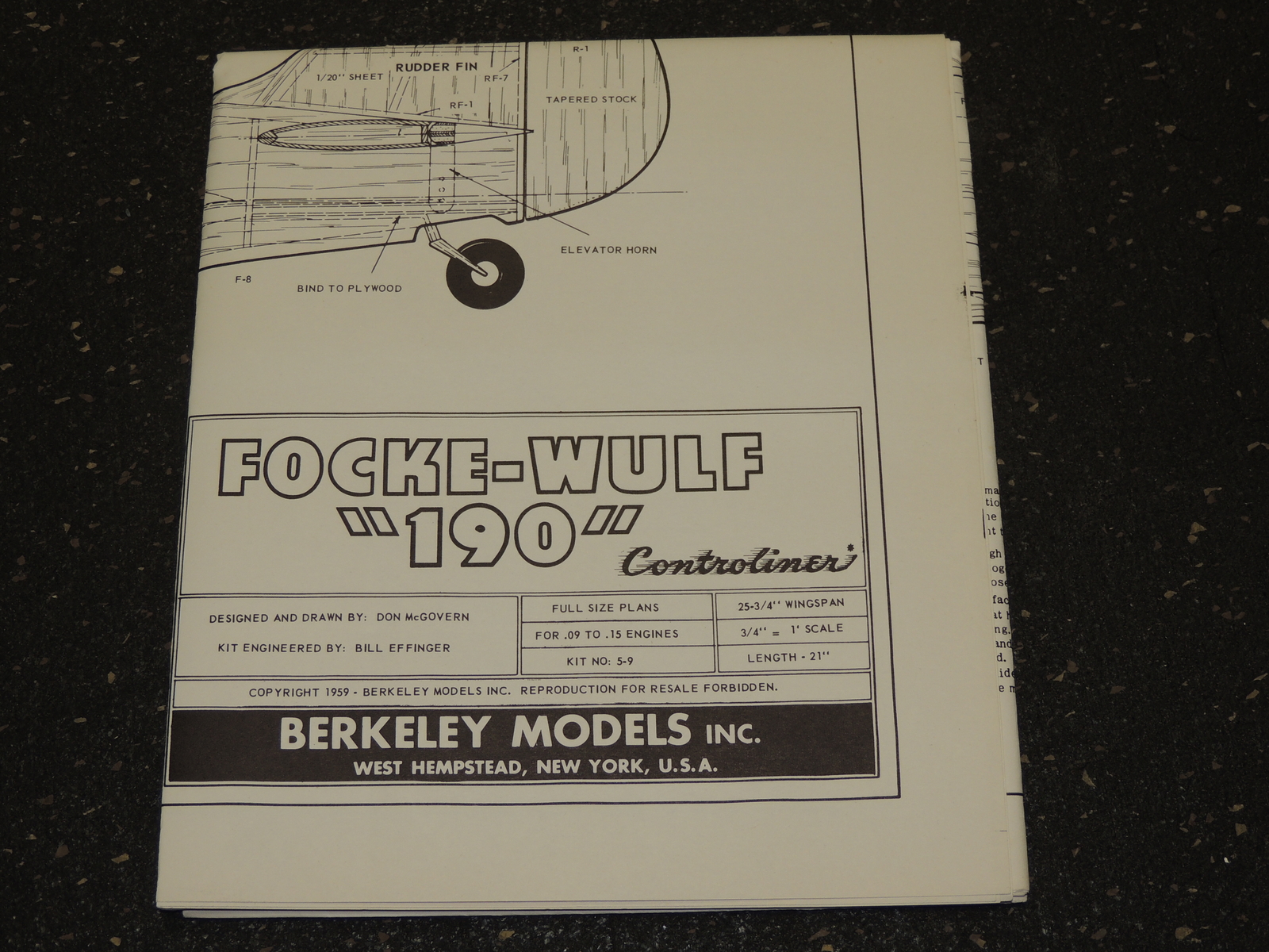 Berkeley Models Airplane Blueprints Plans 1959 Focke-Wulf 190
