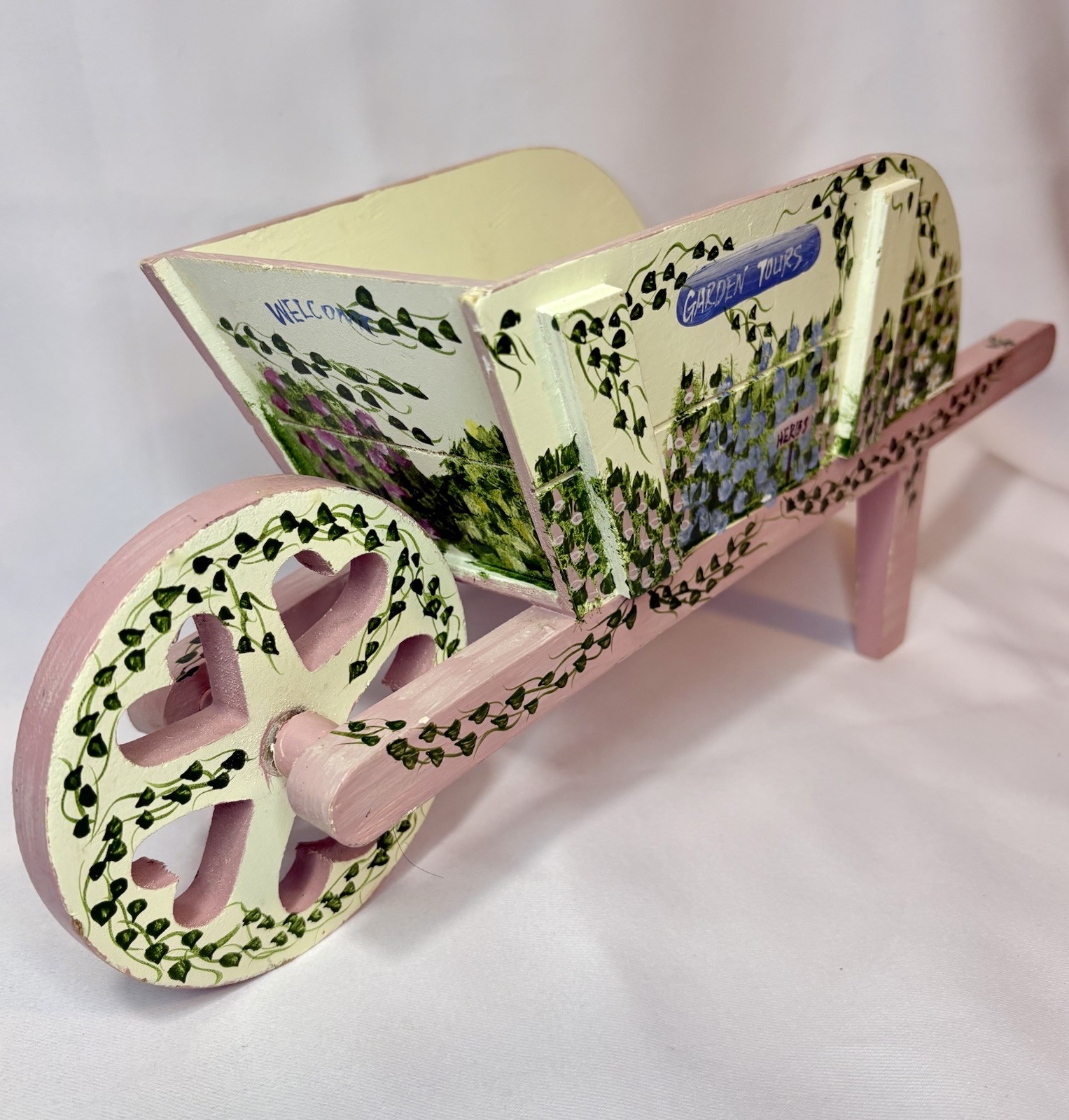 Vintage Floral Wooden Wheelbarrow Planter Cottage Farmhouse Decor 16”