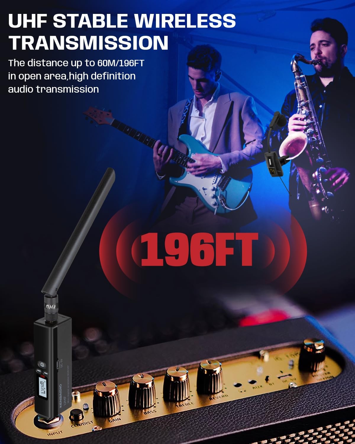 Saxophone Microphone UHF Wireless System 196ft Range - Clip on for Brass
