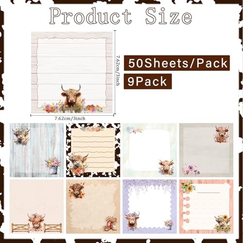 Sticky Notes Set - 9 Pack Sticky Notepad Cute Animals Sticky Highland Cow