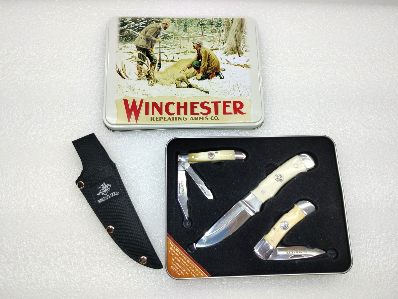 Vintage Winchester 3 Knife Set 2008 Genuine Jigged Bone Unused with Sheath