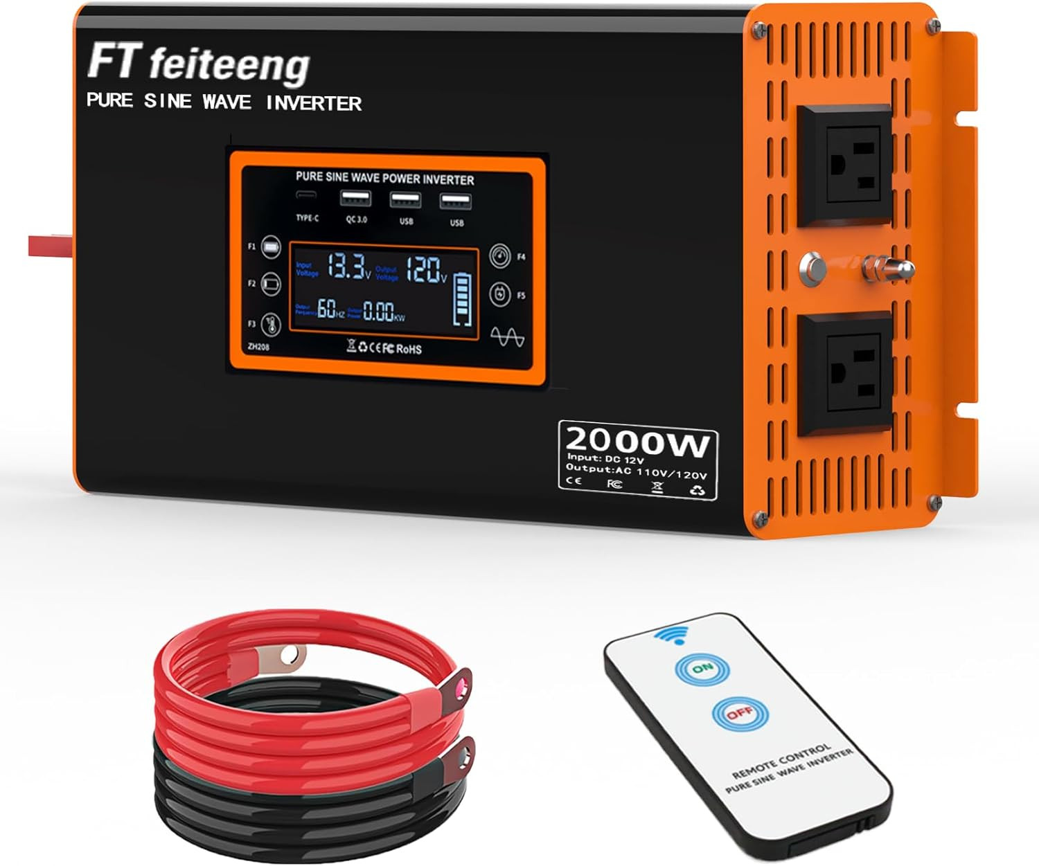 2000W Pure Sine Wave Inverter 12V to 120V AC with Remote & USB Ports