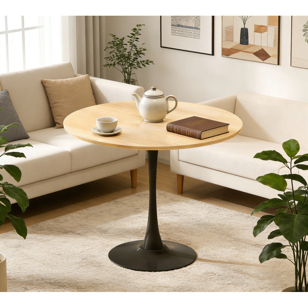Natural Wood Color Round Dining Table 31.5 Inch MDF Top Steel Base Tulip