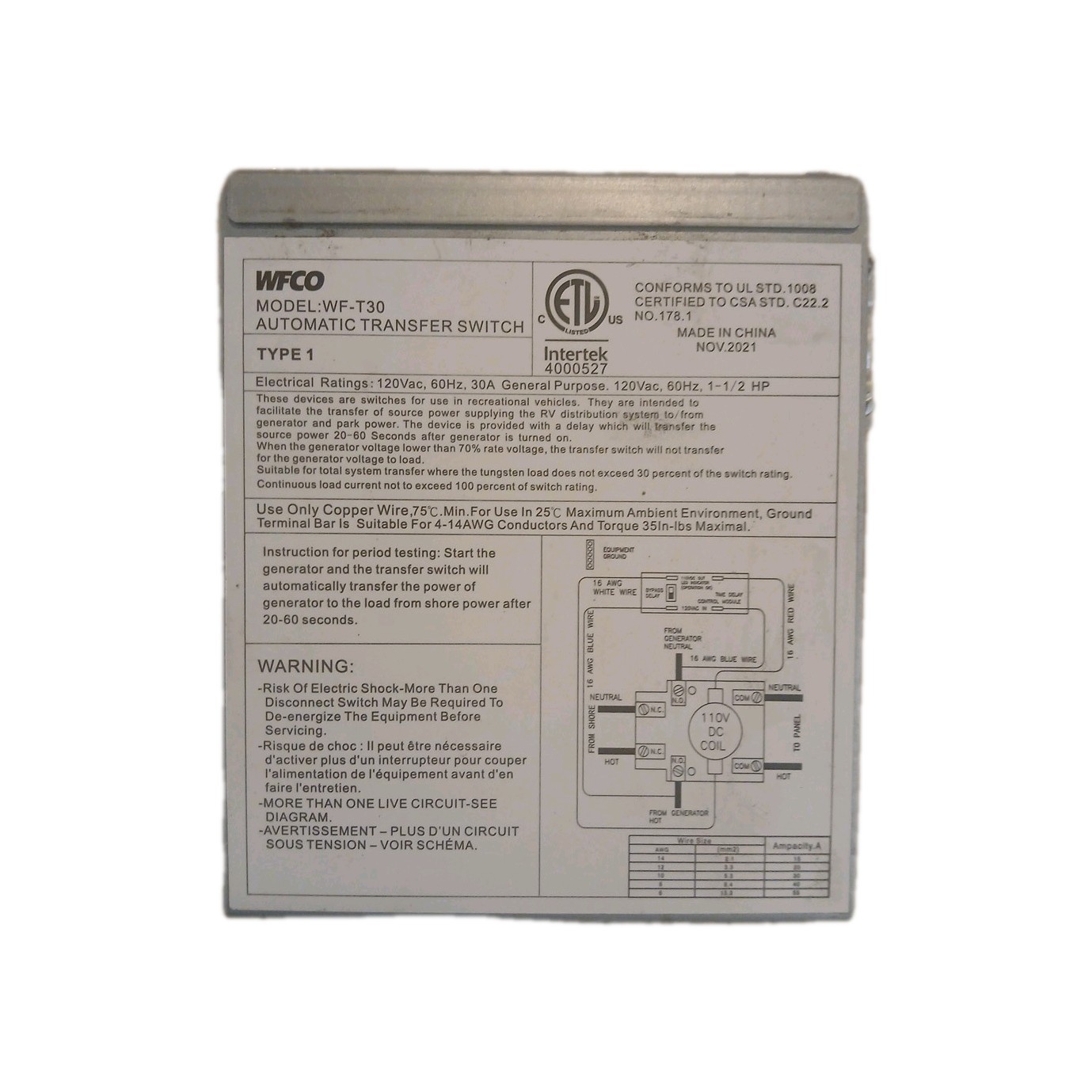 WFCO WF-T30 Automatic Transfer Switch