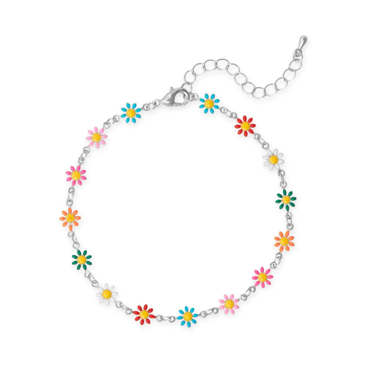 Women's Silver Tone Multicolor Enamel Flower Fashion Anklet - Romance, Wedding |