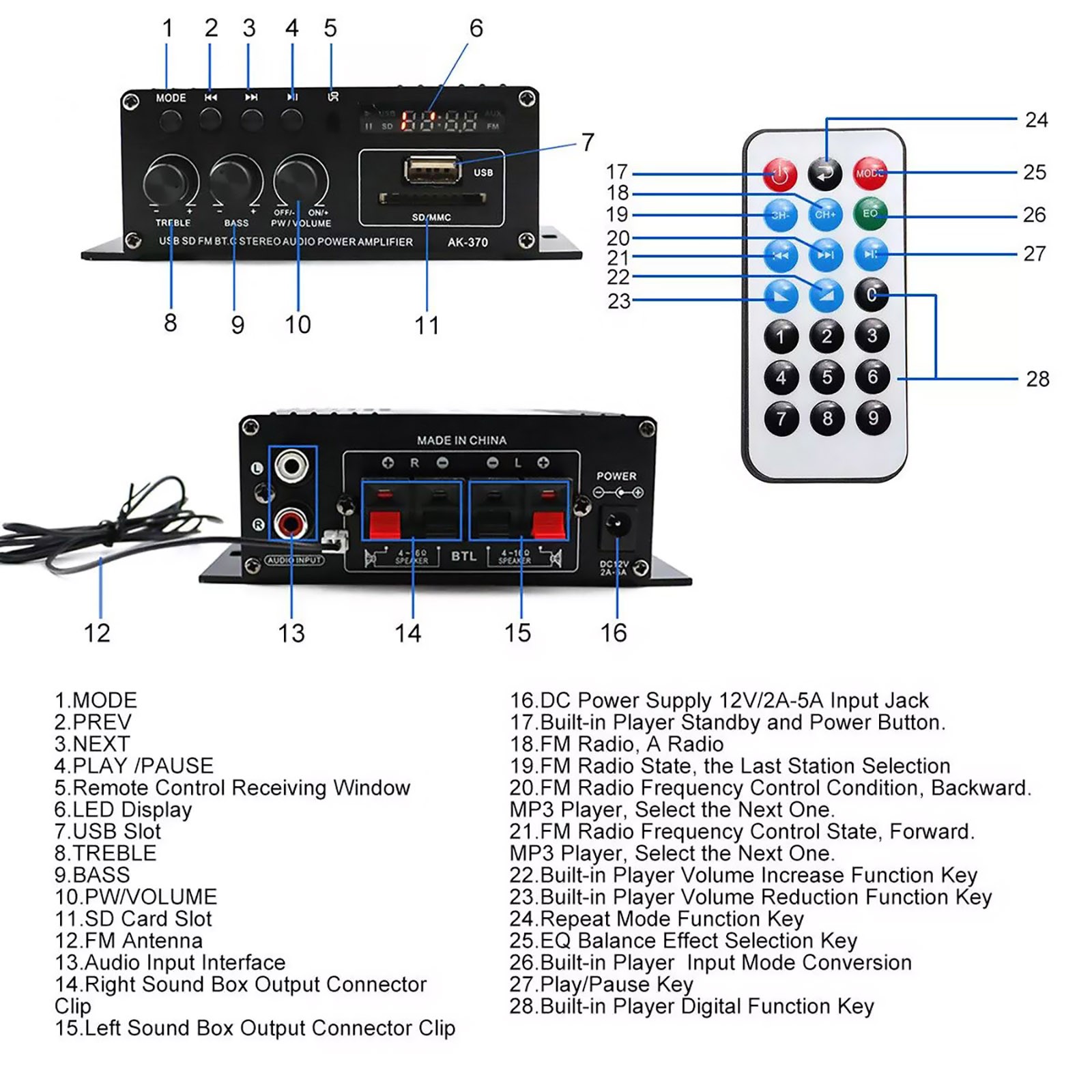 AK370 Power Digital Amplifier Bluetooth HIFI Stereo SD Card U disk AUX input