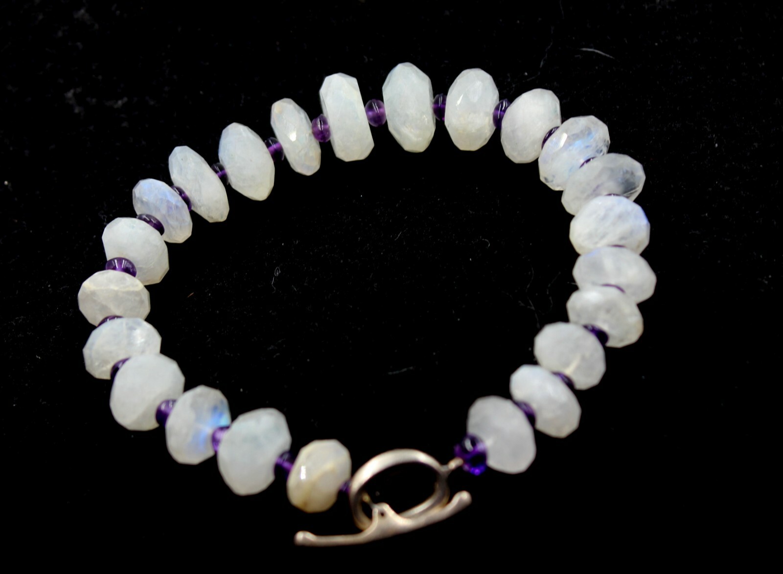 Handcrafted White Iridescent Crystal Bead & Amethyst Toggle Bracelet 9" NWOT